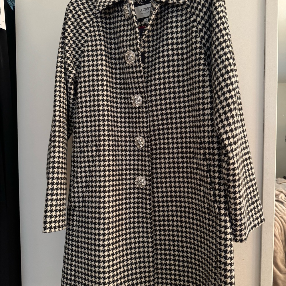 NWT! JCrew Wool Houndstooth Coat with Crystal Buttons. Sz 4